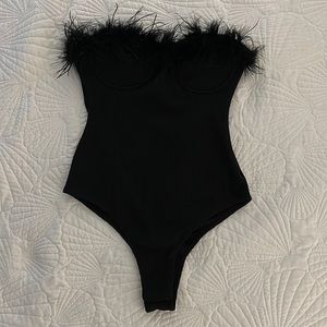 NWT Black Strapless Feather Bodysuit